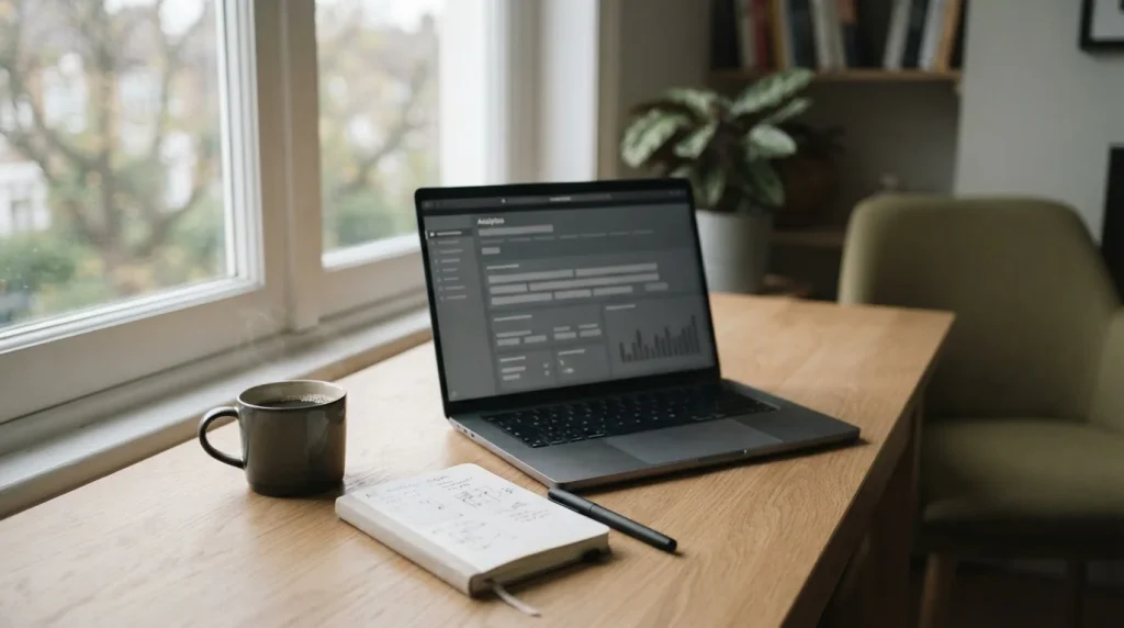 Schreibtisch mit Laptop und Notizbuch zur Analyse von Sportwetten mit 1 Euro Einzahlung