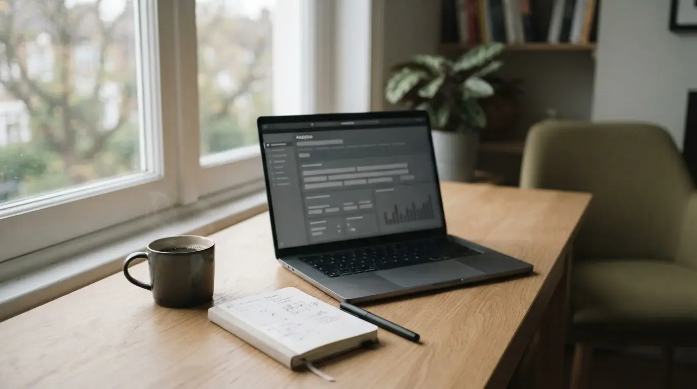 Schreibtisch mit Laptop und Notizbuch zur Analyse von Sportwetten mit 1 Euro Einzahlung
