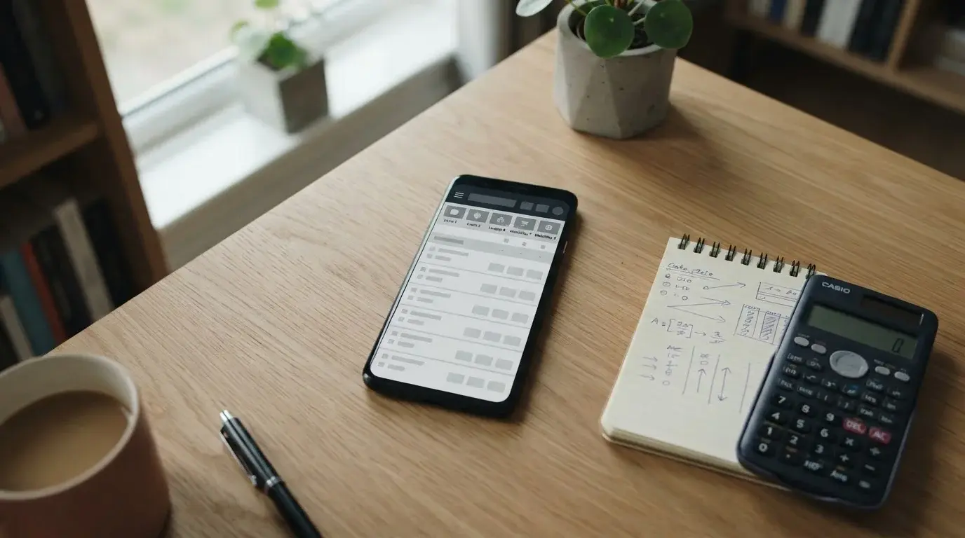 Android-Smartphone mit Sportwetten-App und Taschenrechner auf neutralem Schreibtisch