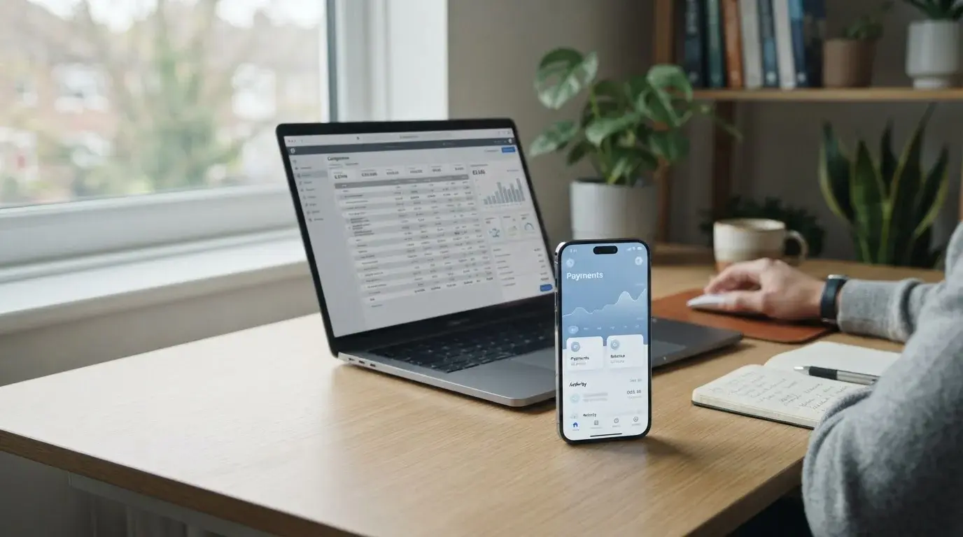 PayPal-Logo auf Smartphone-Bildschirm neben Laptop mit Wettanbieter-Vergleichstabelle