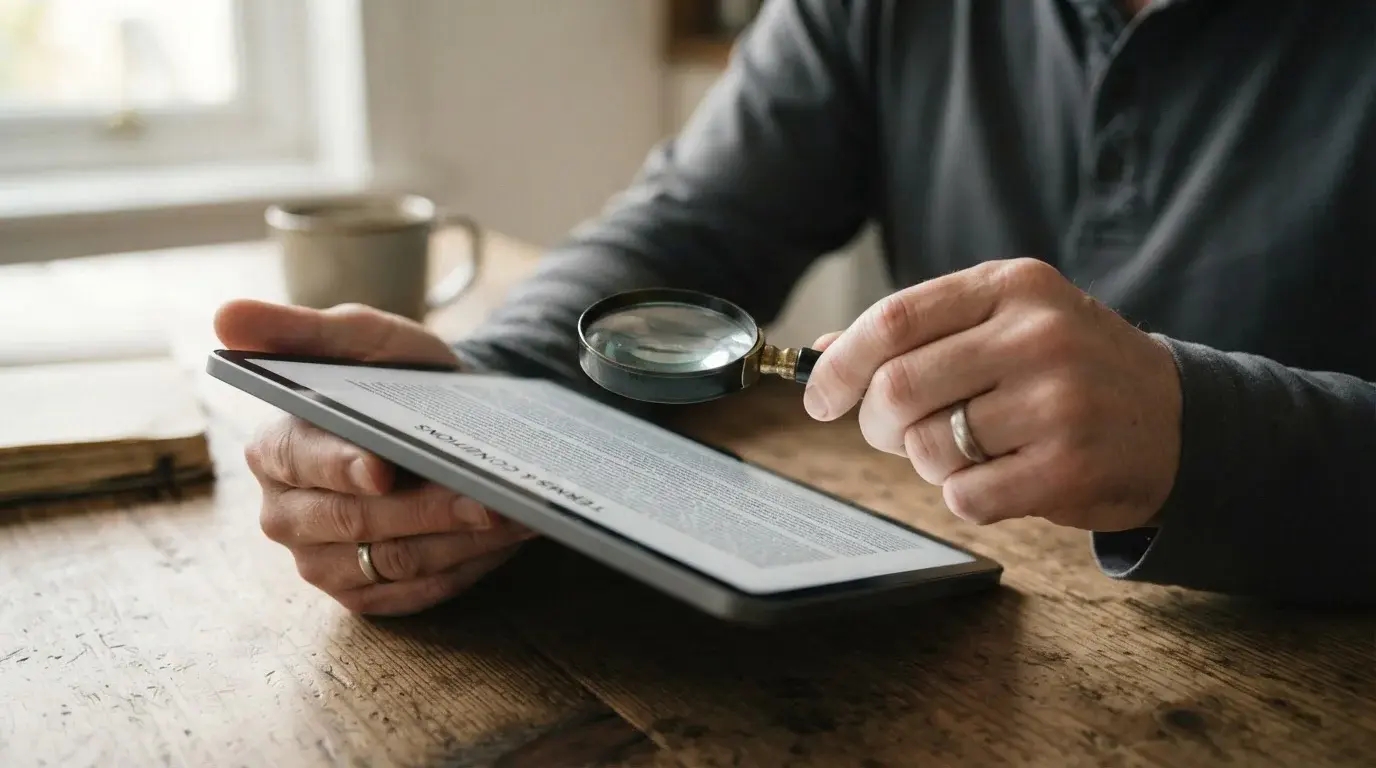 Person liest Bonusbedingungen auf Tablet mit Lupe über kleinen Textzeilen