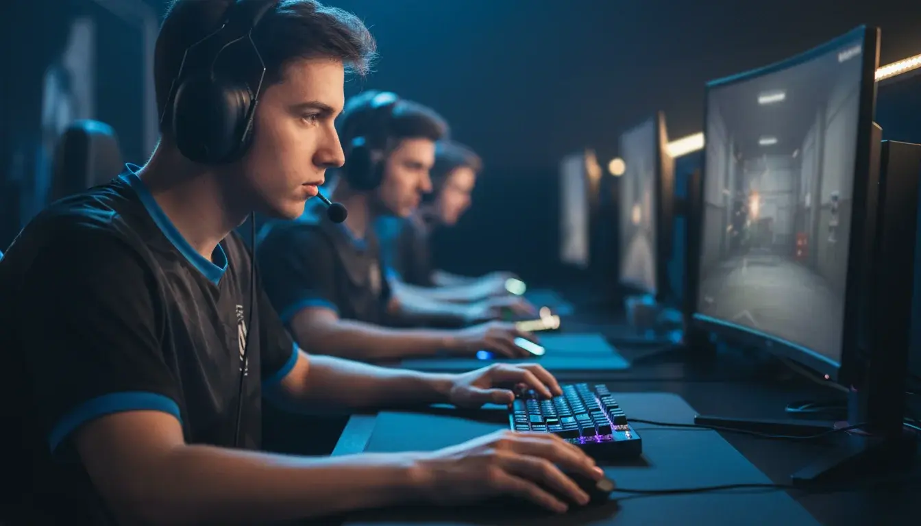 Counter-Strike 2 Profispieler mit Headset und Gaming-Maus an einem Turnierplatz