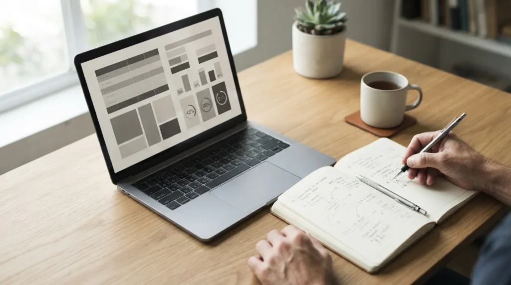 Analytischer Arbeitsplatz mit Laptop und Notizbuch für den Vergleich von Wettquoten