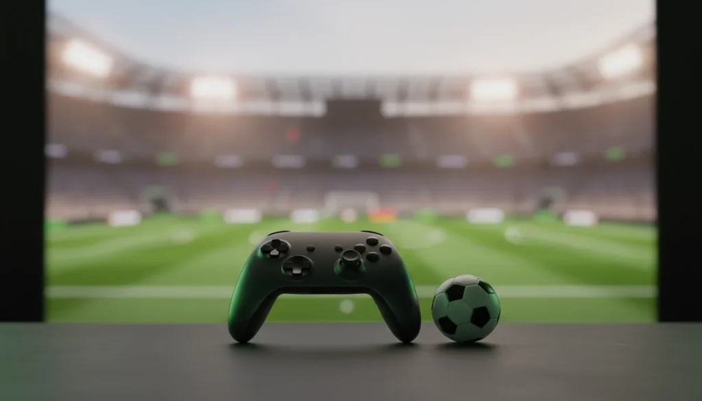 Gaming-Controller vor virtuellem Fußballfeld