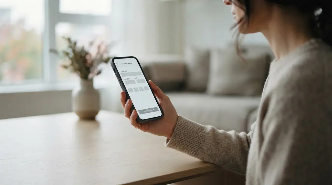 Smartphone mit abstraktem Zahlungsformular und Eingabefeldern für Einzahlung