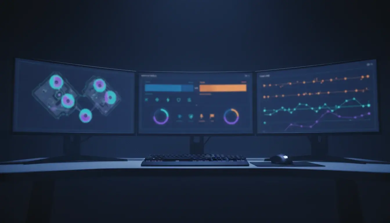 Mehrere Monitore zeigen E-Sport Statistiken und Daten