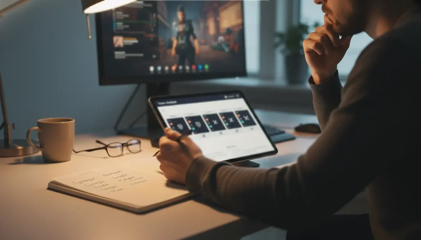 Person analysiert E-Sport-Teamstatistiken auf Tablet mit Notizblock daneben