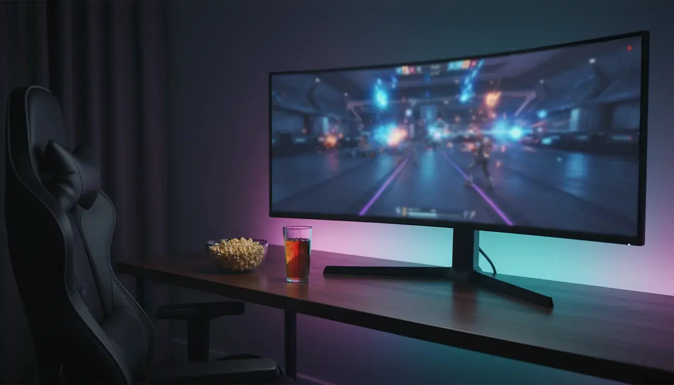 Gaming-Setup mit Livestream auf großem Monitor