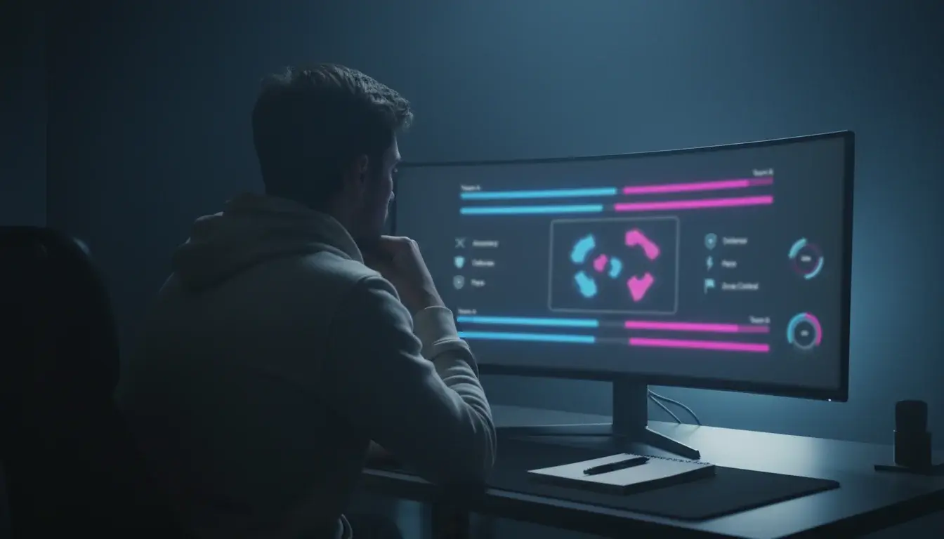 Analyst studiert E-Sport Teamstatistiken auf Bildschirm