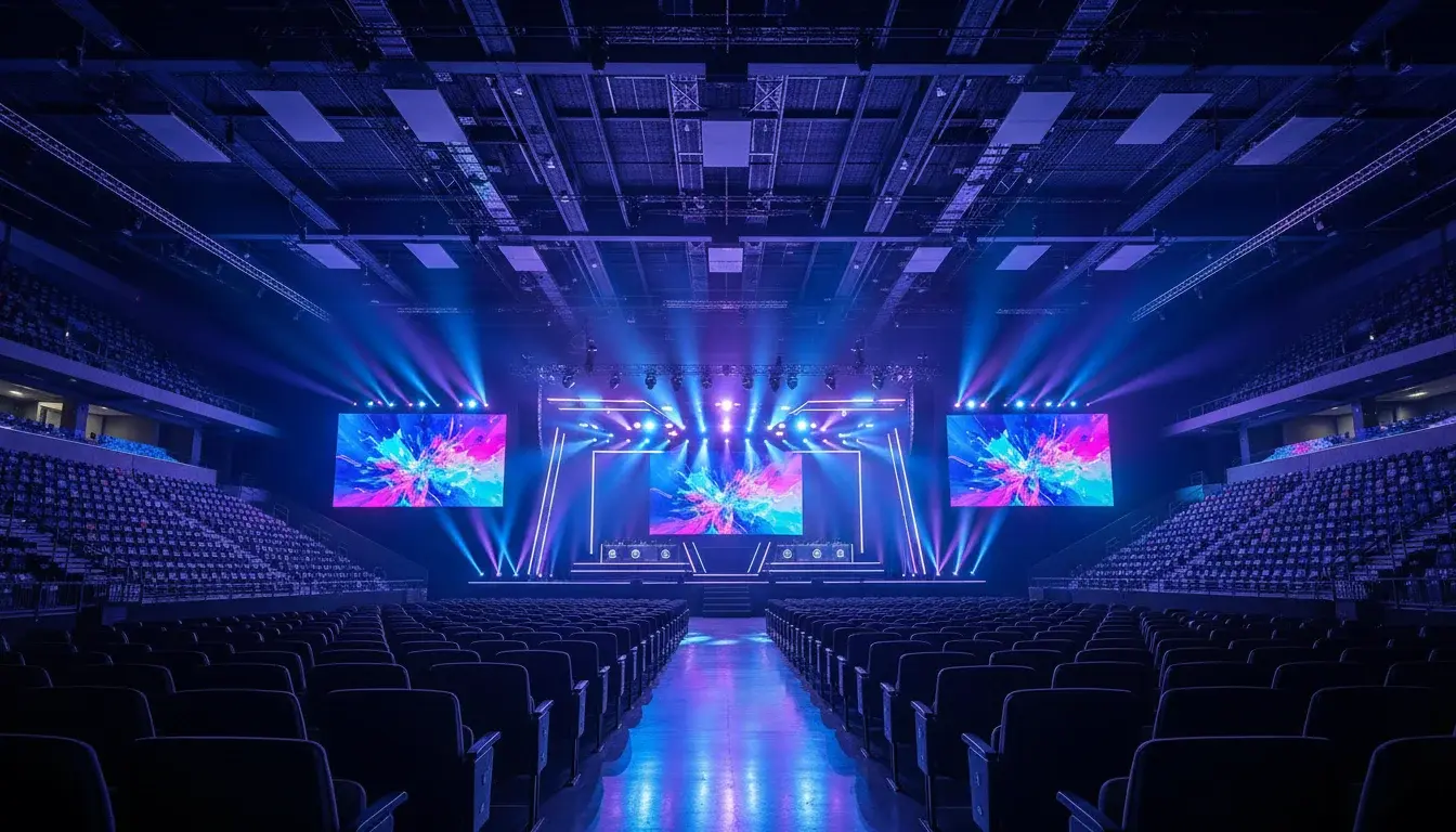 E-Sport Arena mit beleuchteter Bühne für Major-Turnier
