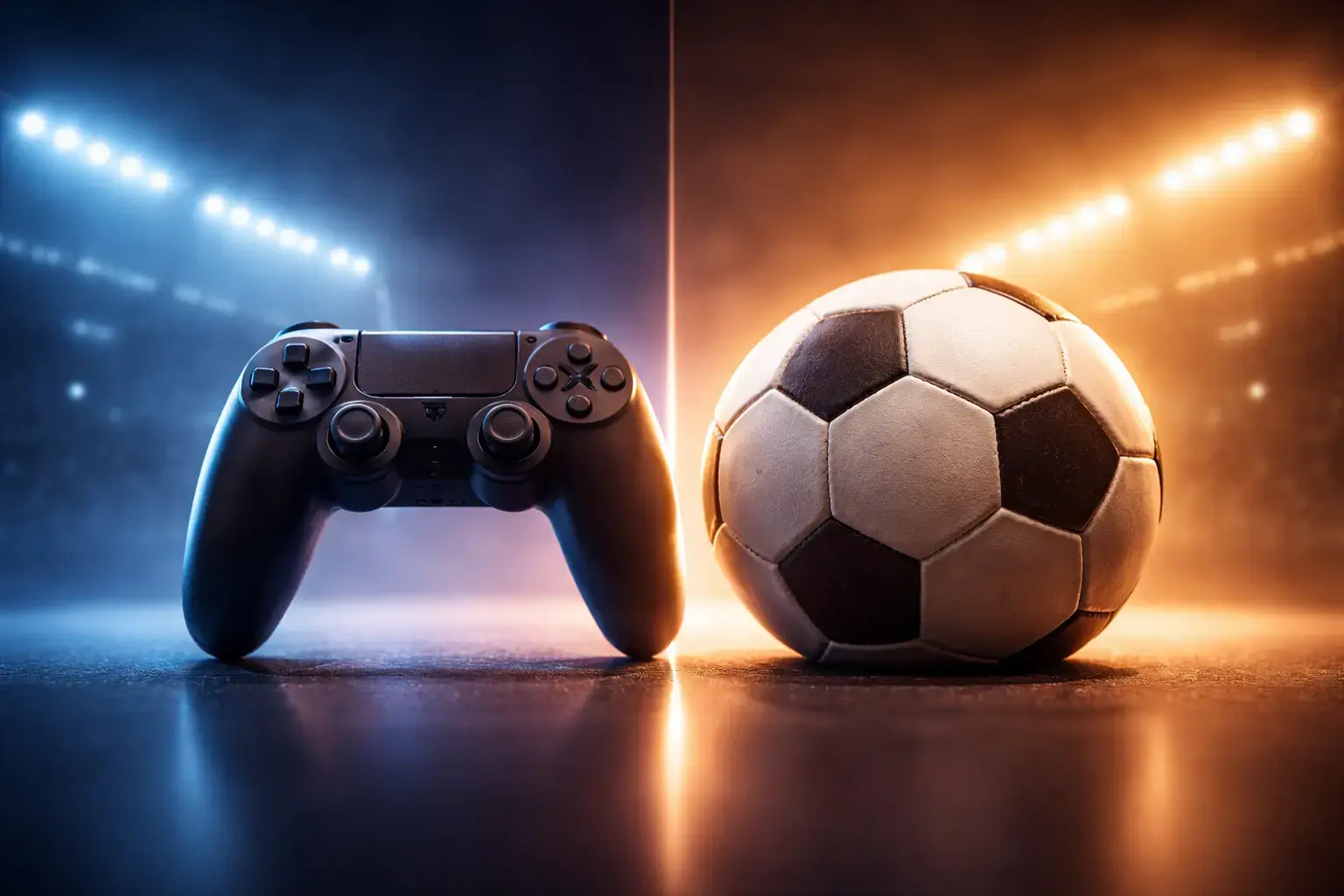 Gaming-Controller neben Fußball symbolisiert Vergleich