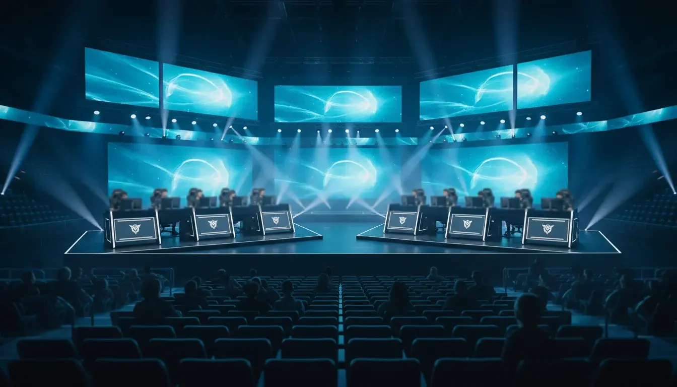 E-Sport Arena mit Spielern an Gaming-Setups während eines professionellen Turniers