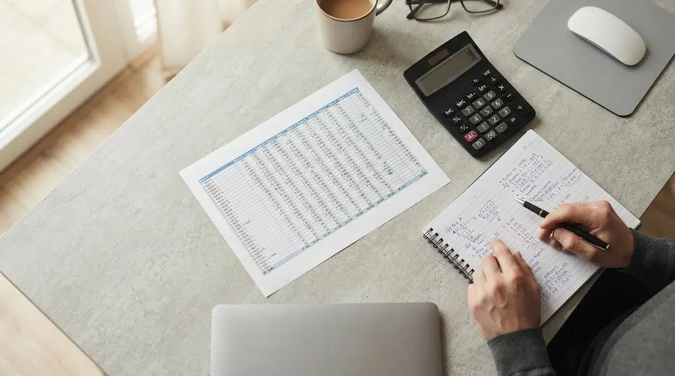Vergleichstabelle mit Taschenrechner und Notizen zur Analyse von Wettanbietern