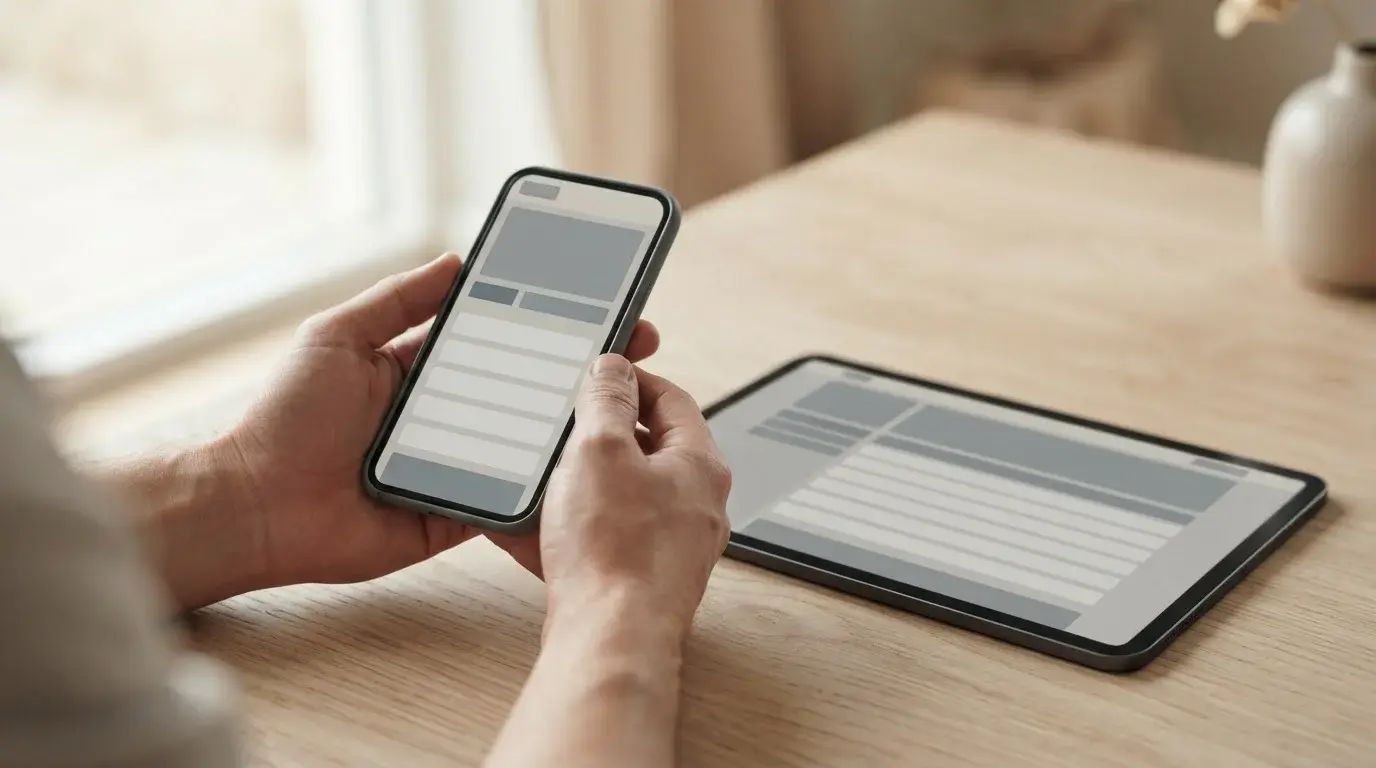 Hände halten ein Smartphone mit neutraler App-Oberfläche neben einem Tablet