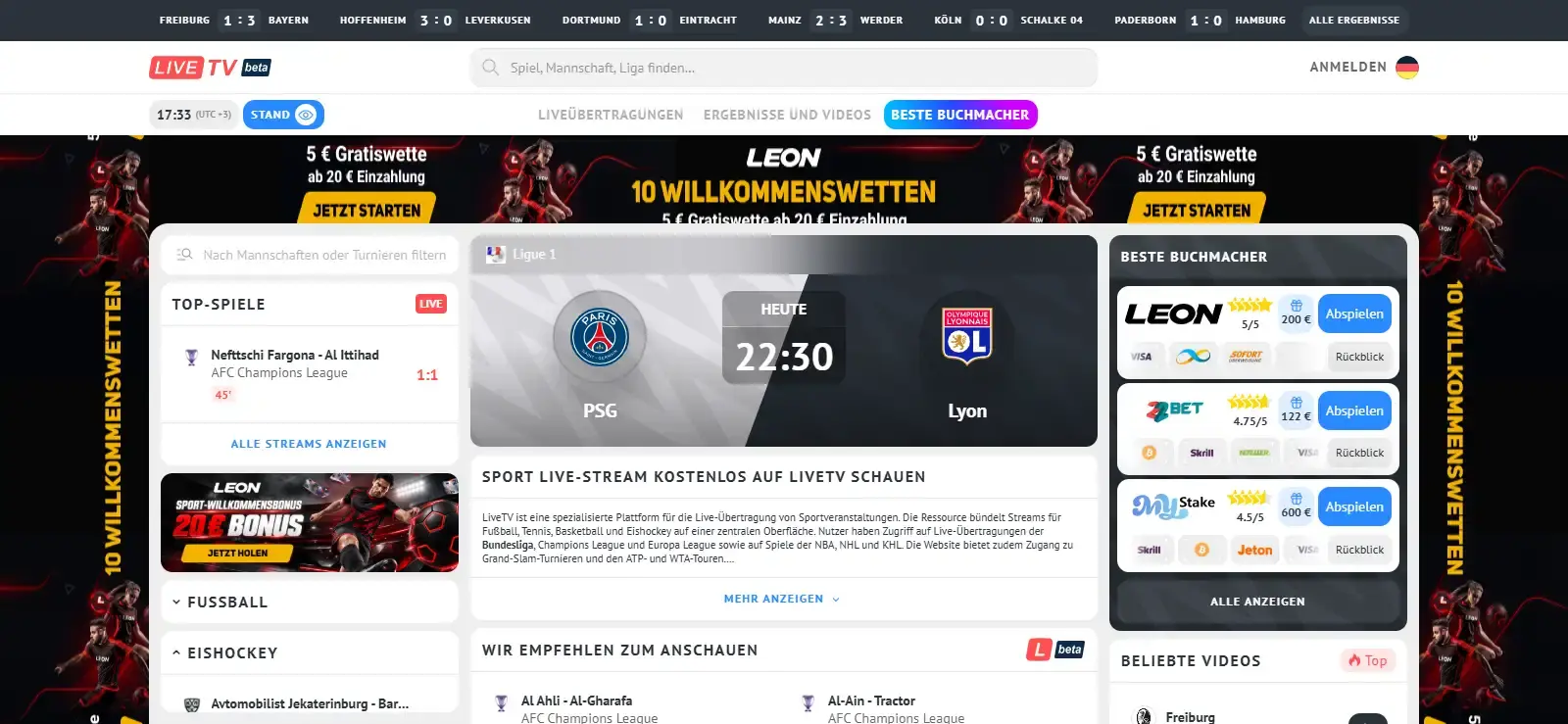 Startseite von LiveTV mit Live-Ergebnis-Laufschleife und Spiel-Widgets