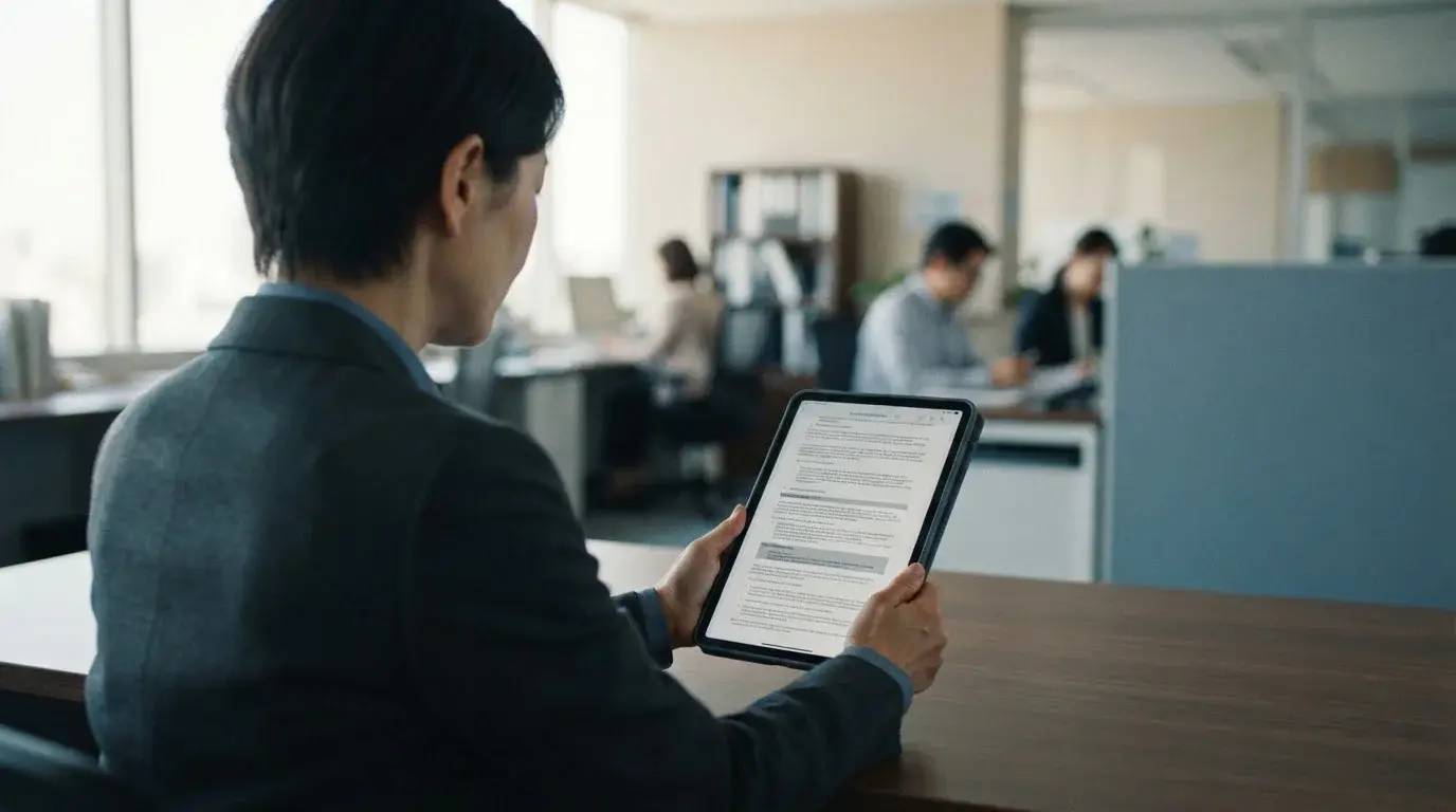 Person liest Gesetzestexte und Steuerbestimmungen auf Tablet
