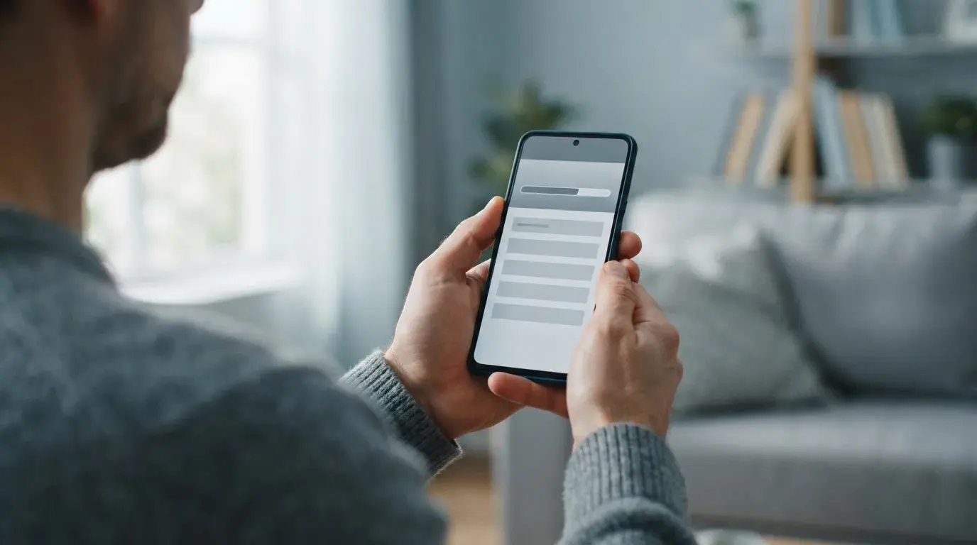 Person hält Android-Smartphone mit Installationsbildschirm in den Händen