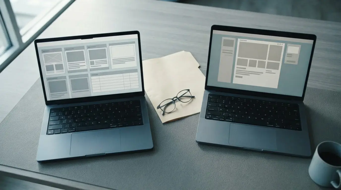 Vergleichende Ansicht zweier Laptops zur Gegenüberstellung lizenzierter und grauer Anbieter