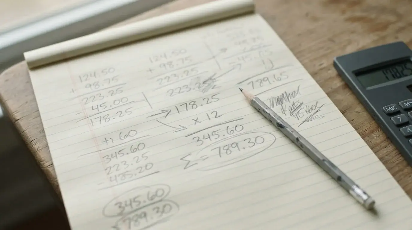 Handschriftliche Berechnung zeigt Abzüge vom Bonusbetrag durch Steuer und Umsatzbedingungen