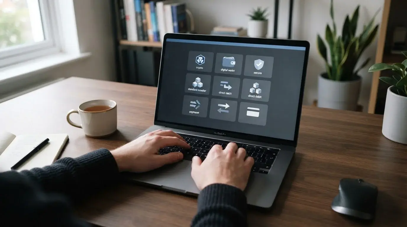 Abstrakte Darstellung verschiedener digitaler Zahlungswege auf einem Laptop-Bildschirm